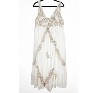 Sundance Women's Sleeveless Midi White Dress Floral Print Pearl Embellishments